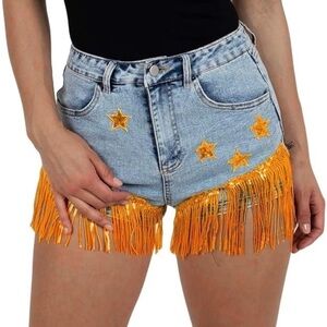 LifeShe Women's Fringe Denim Shorts Sequin Stars Pattern High Waist Stretchy